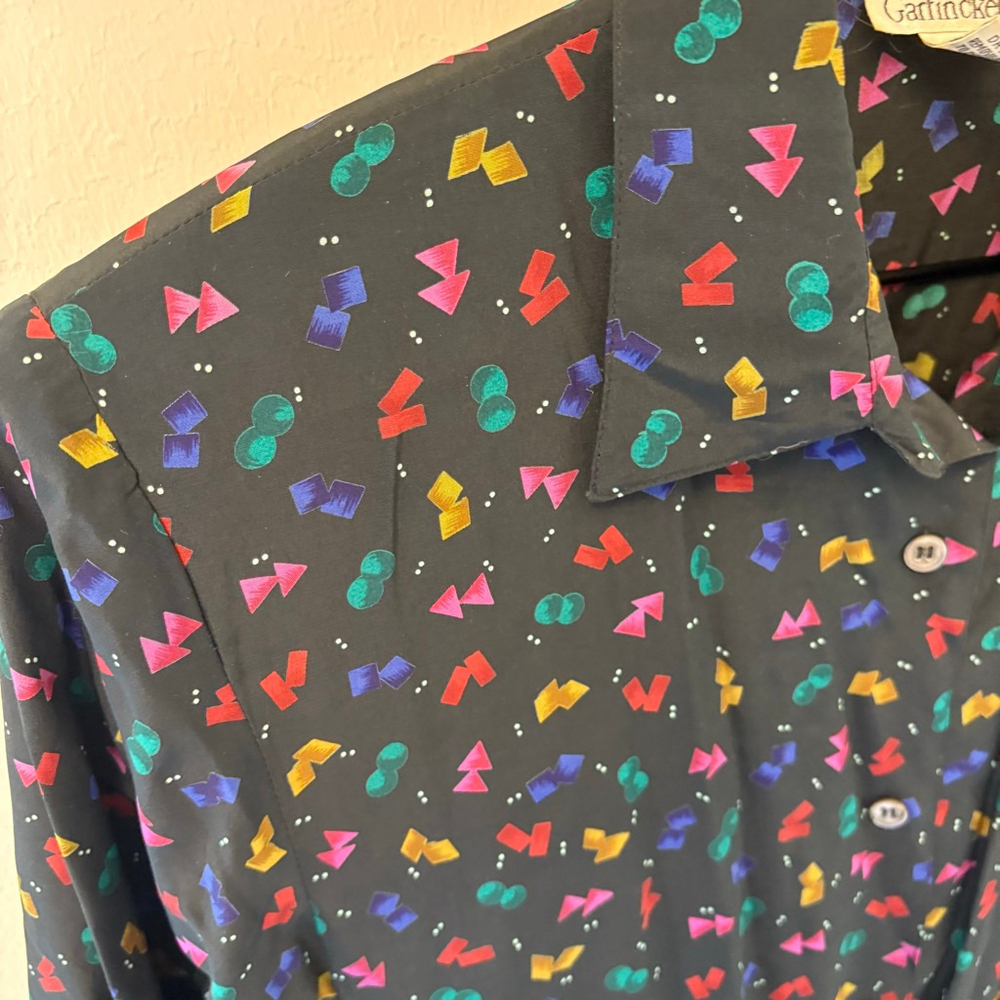 Vintage Garfinckel’s Black Geometric Print Silk Shirt Dress Size 10 - Picture 4 of 9